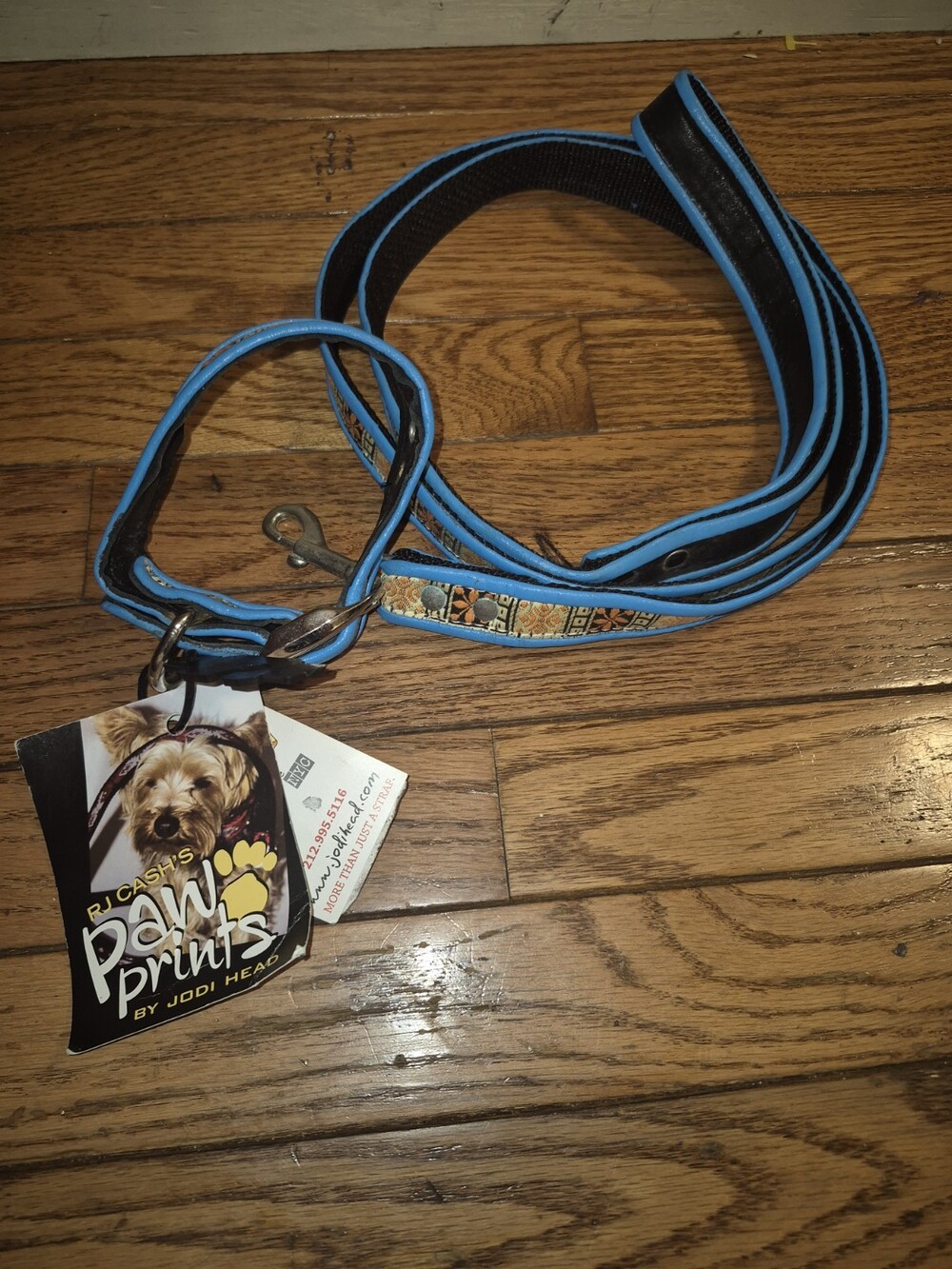 Jodi Head RJ Cash Paw Prints Dog Collar Leash Set Blue Vintage Jacquard 62" 15"